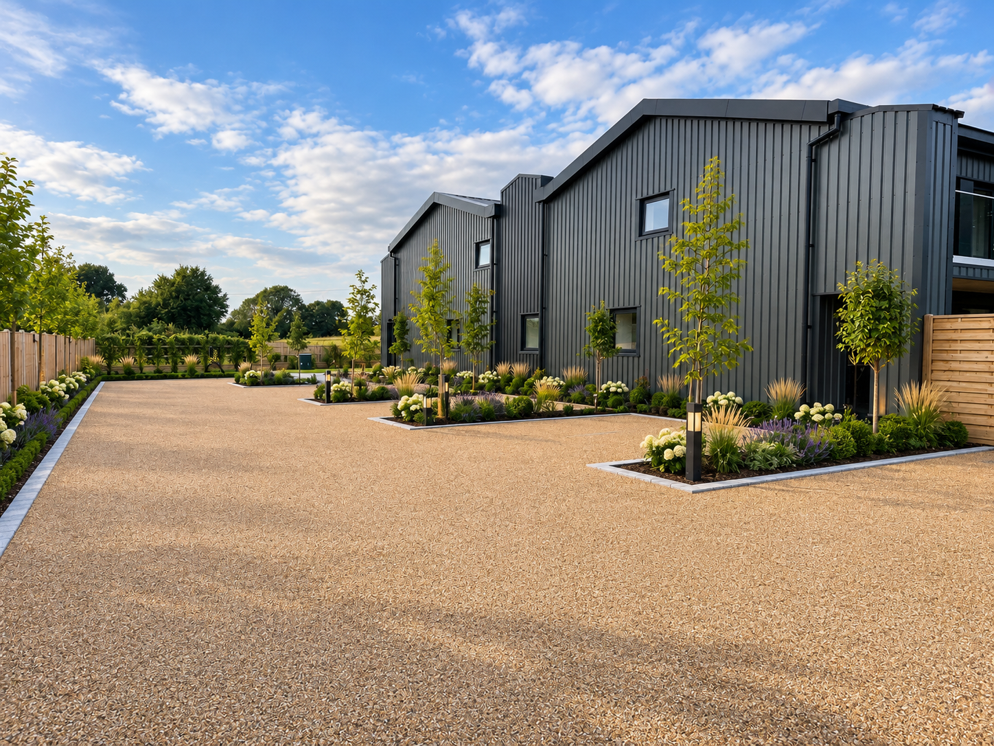 Tar and chip communal parking area with stone kerbing, inset planted beds, young trees and bollard lighting beside a modern development