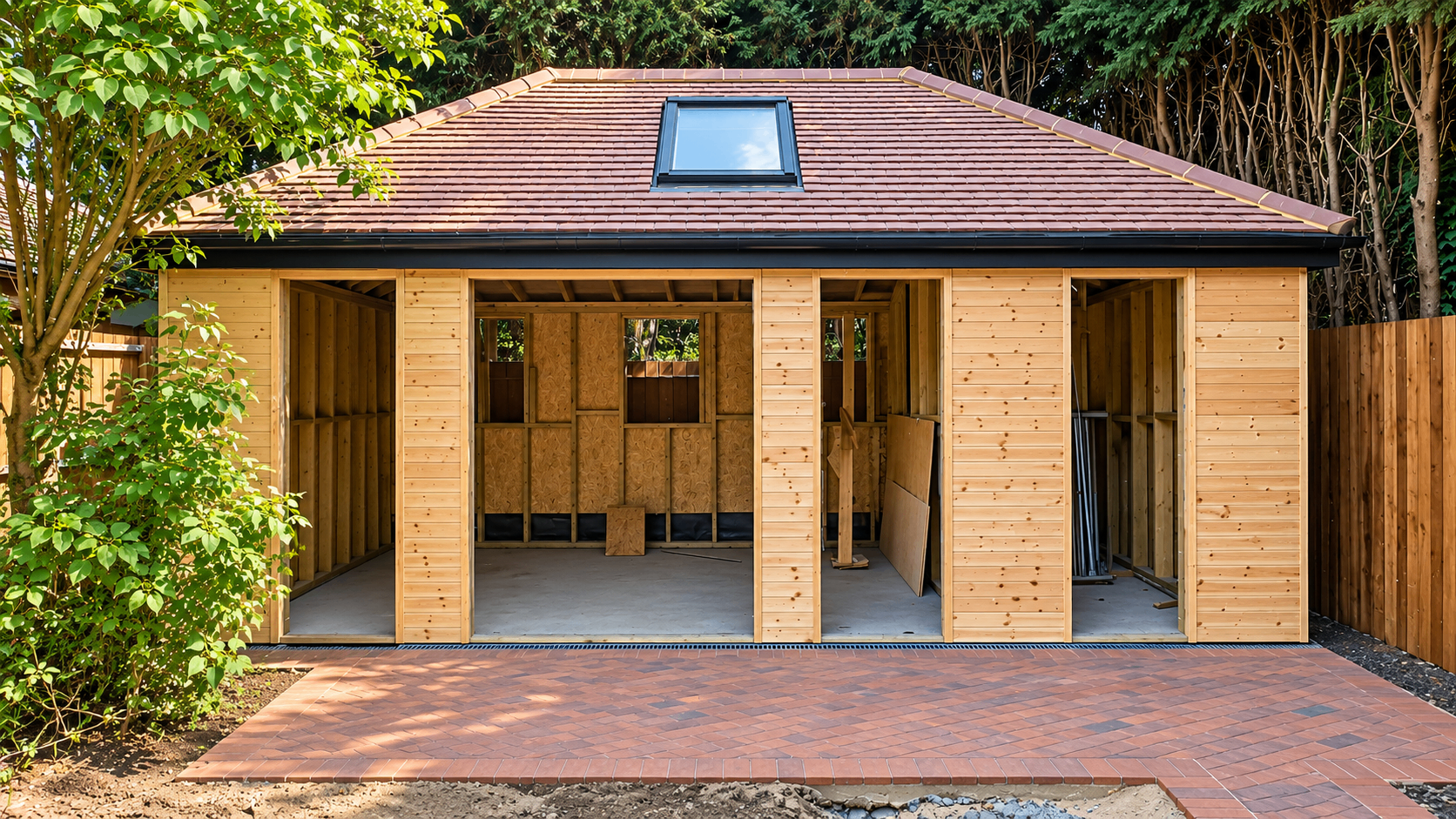 Black timber cladding being fitted to a garden room in a wooded garden