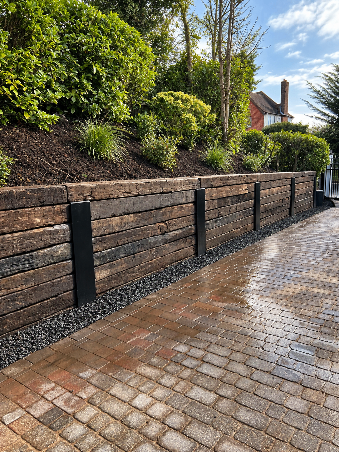 Retaining wall built from steel posts and reclaimed railway sleepers above a block-paved driveway