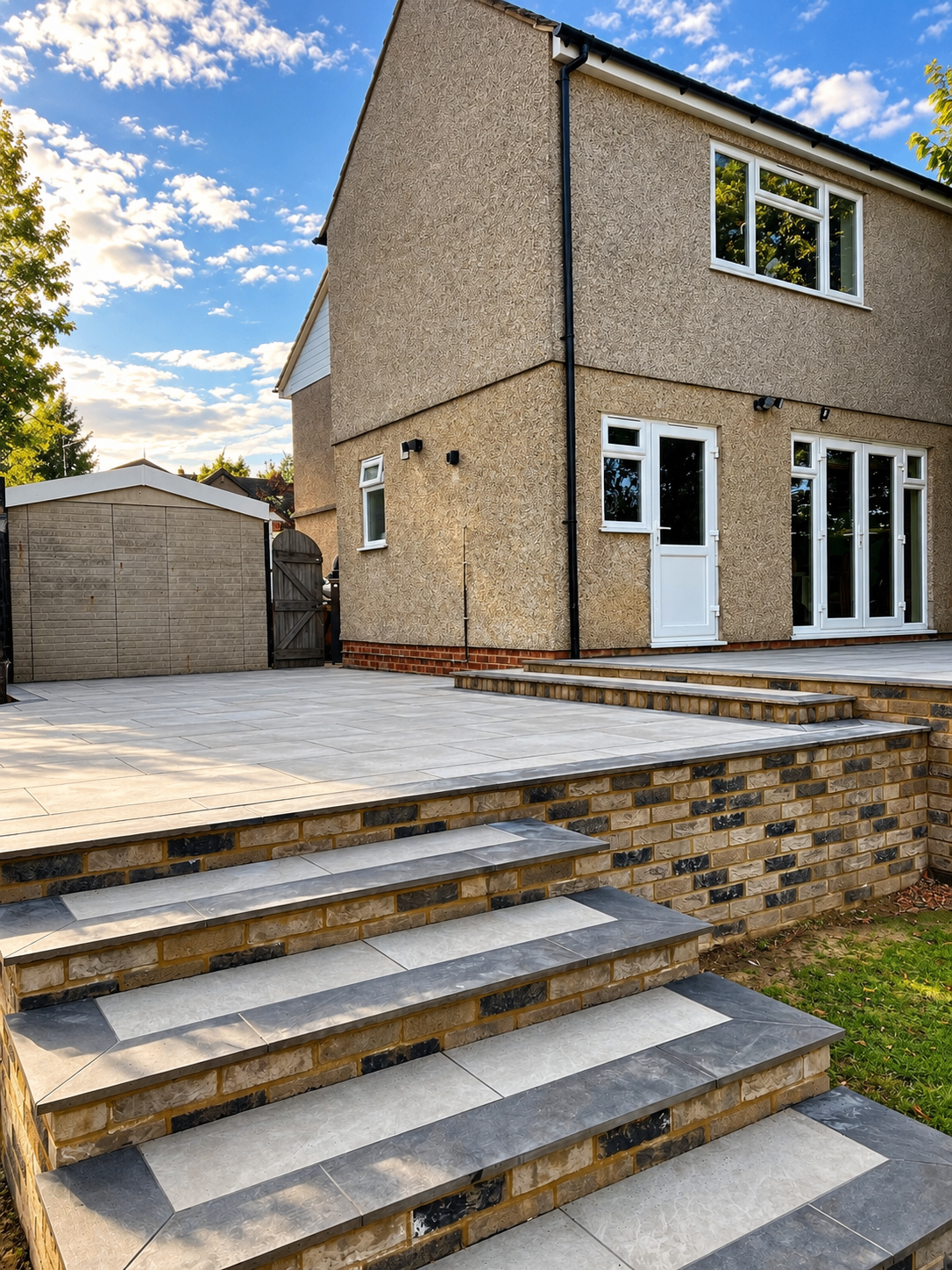 Light-paved terrace with brick-and-slate steps and a retaining wall