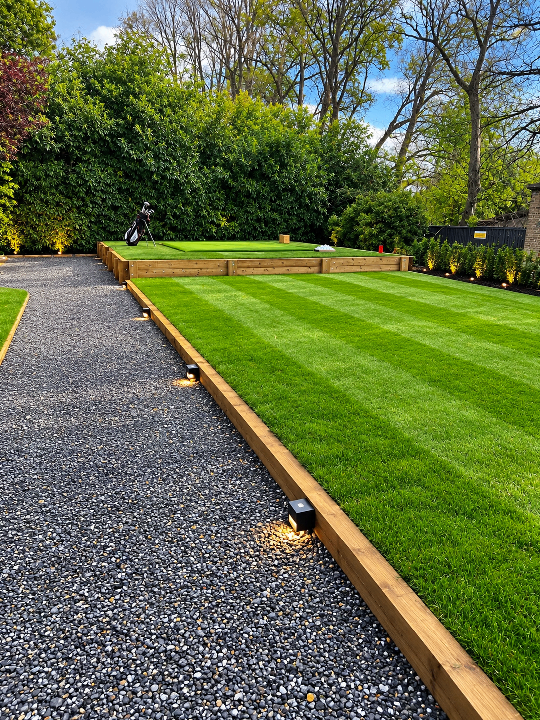 Completed golf tee with striped turf, gravel access, timber edging, planting and low-level lighting