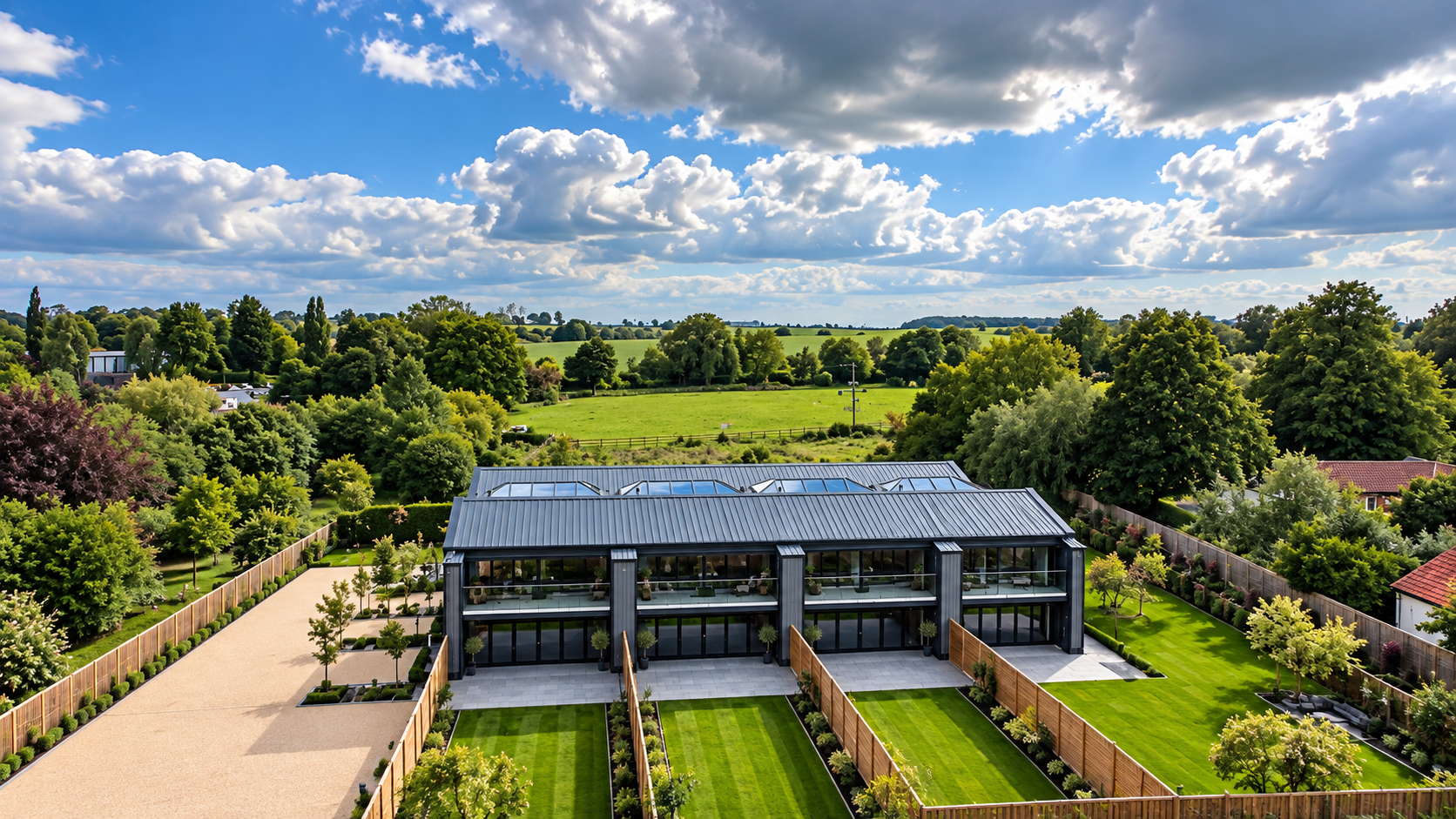 Aerial view of an FTGU commercial project with four landscaped gardens and a surfaced car park