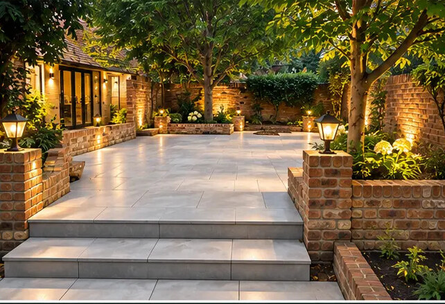 Porcelain-paved courtyard with brick retaining walls, lighting and mature trees