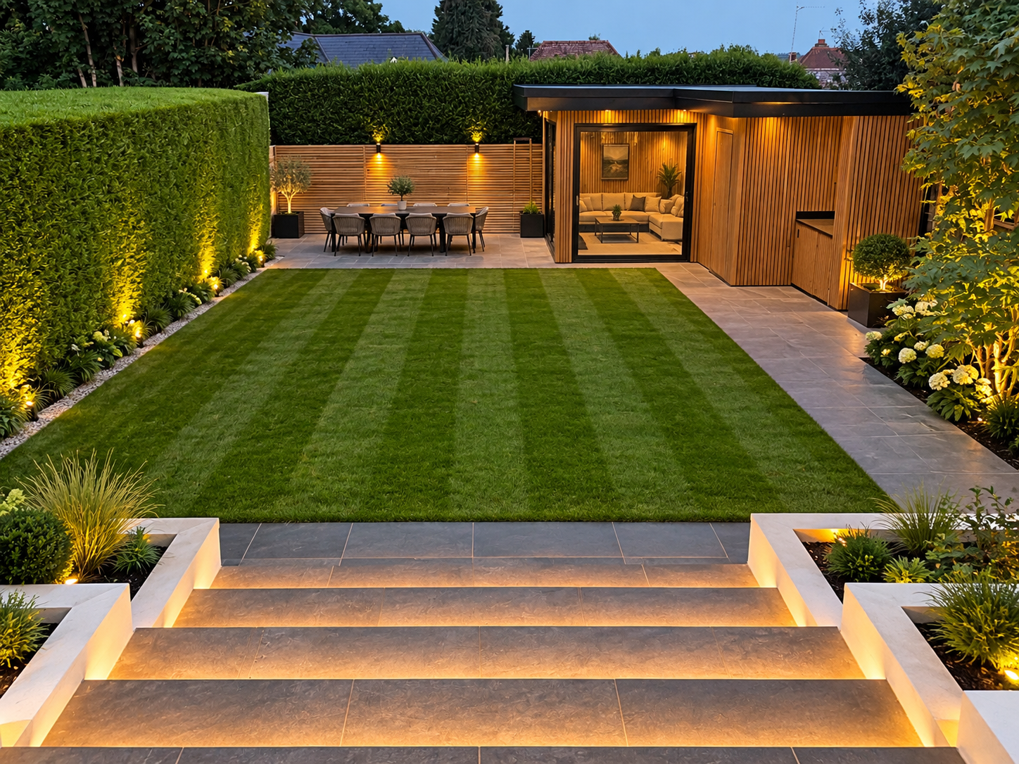 Illuminated landscaped garden with lawn, planted borders, paved steps, dining terrace and timber-clad garden room