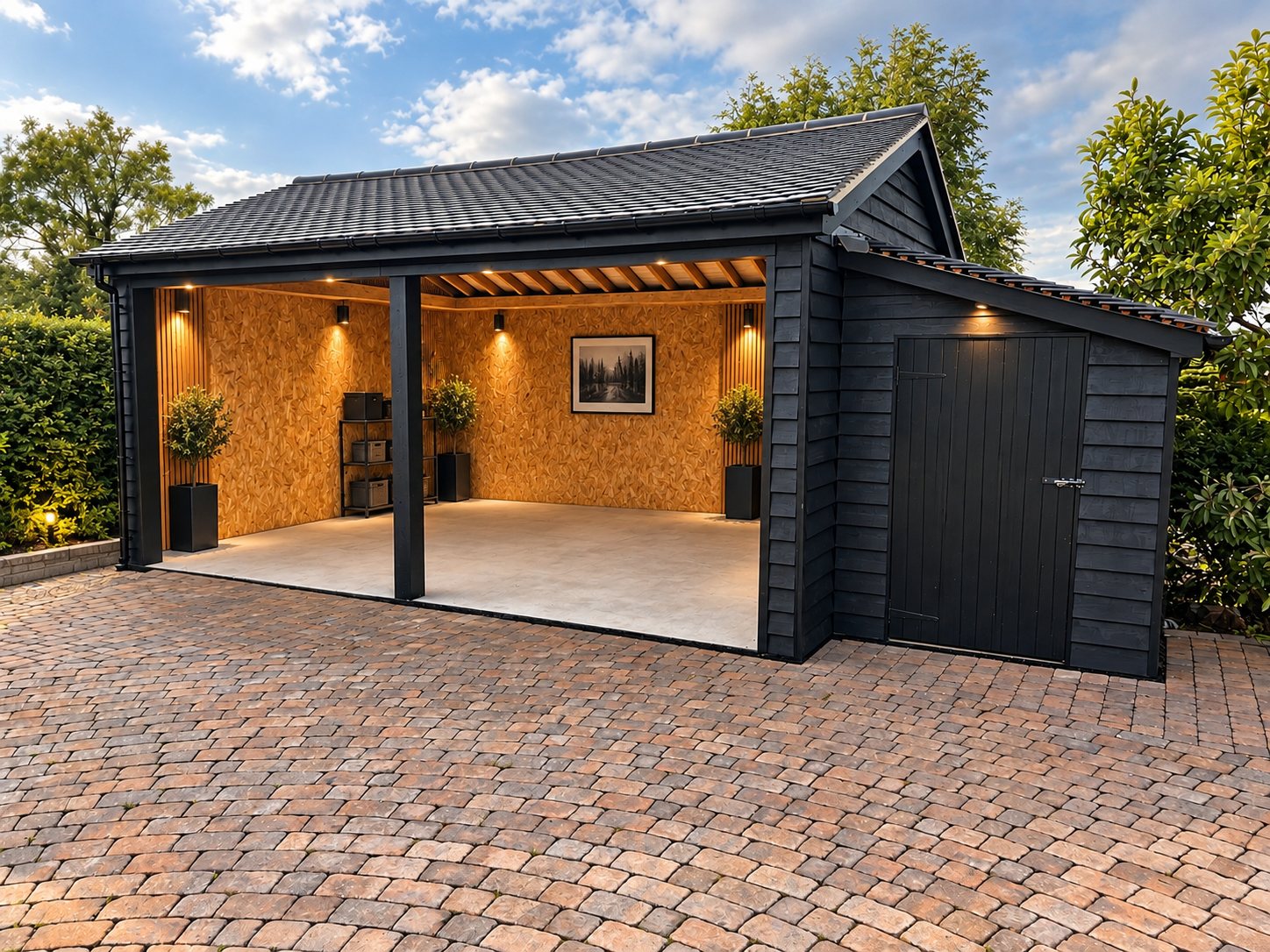Black timber garage and carport with an open bay, fitted wall lighting and a block-paved forecourt