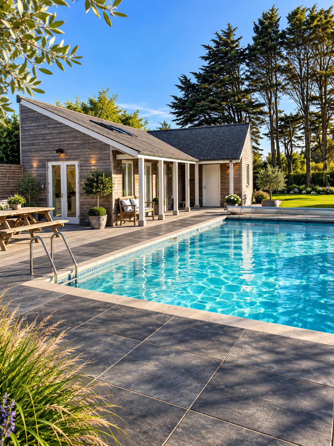 Completed swimming pool with a timber pool house, paved terraces and surrounding landscaping