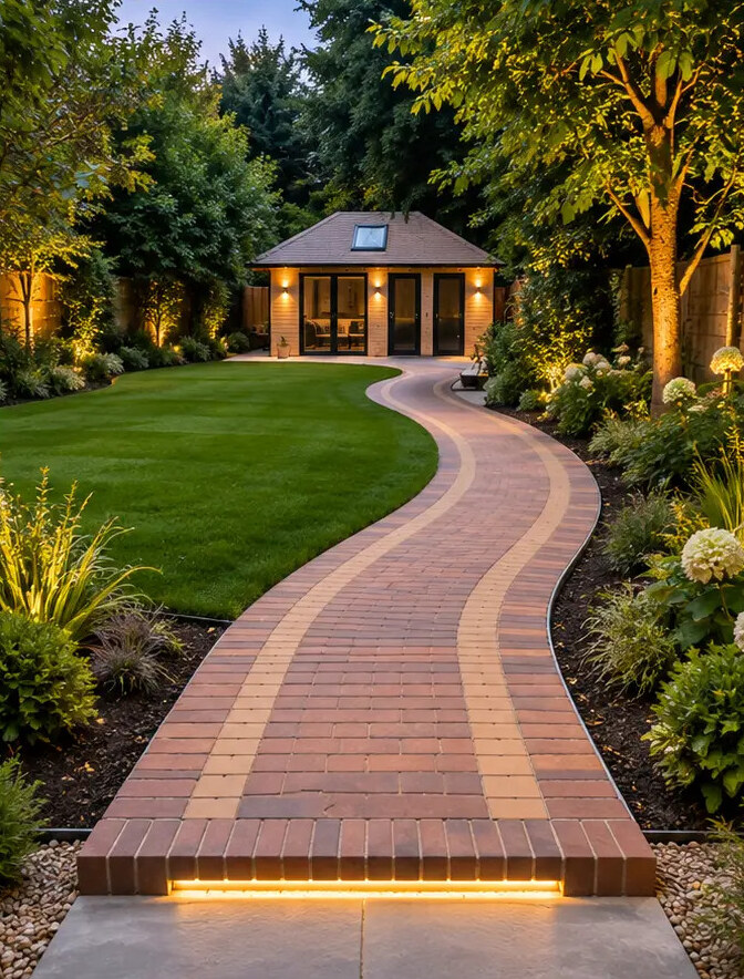Curved clay-brick pathway with lit steps leading through planted borders at dusk