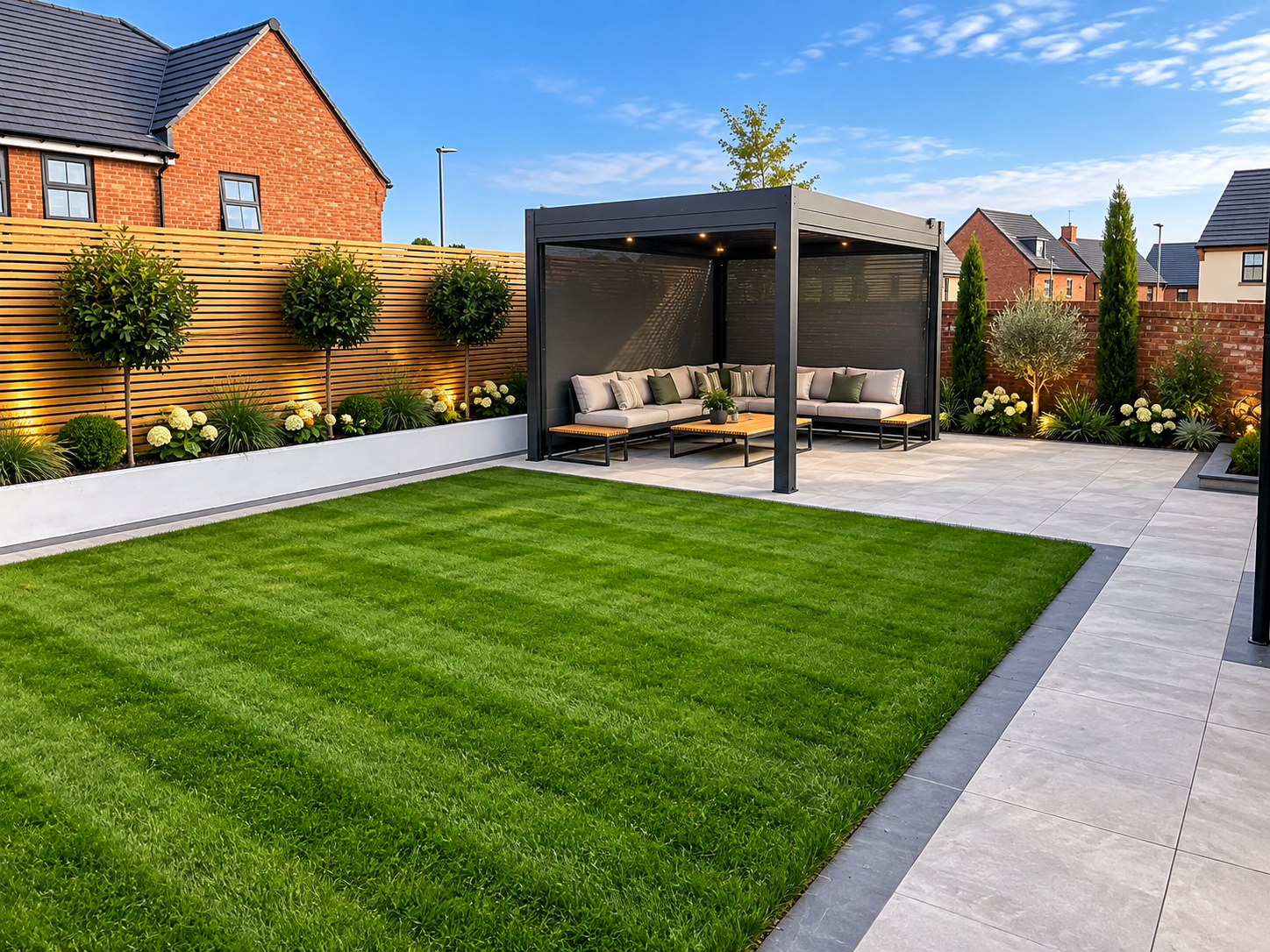 Landscaped garden with lawn, porcelain paving, planted borders, timber screening and a contemporary pergola seating area