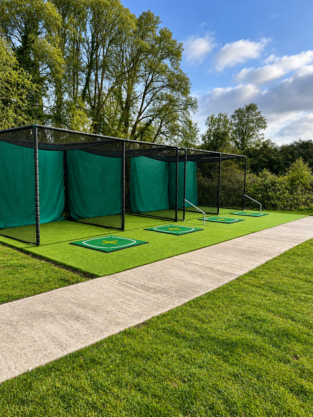 Golf practice bays with artificial turf, driving mats and netted enclosures beside a paved path