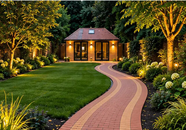 Lit garden room across a striped lawn with a curved brick pathway and planted borders