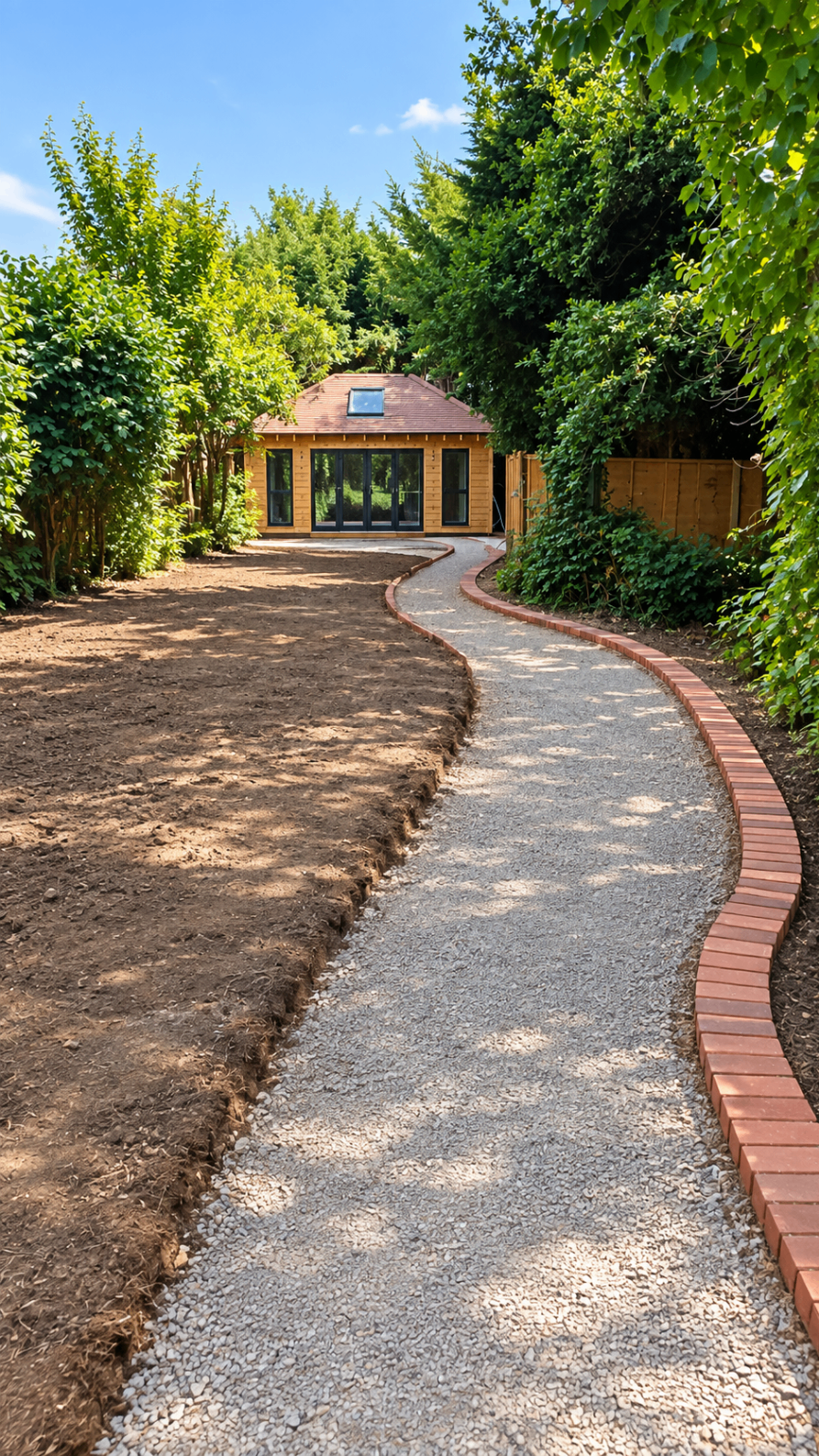 Finished garden room approached by a paved path through a landscaped garden