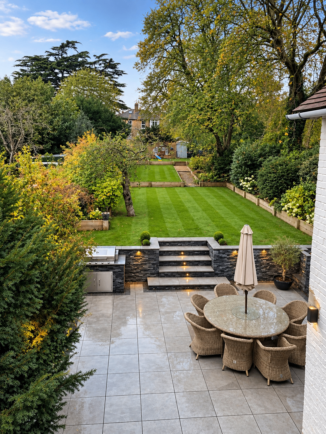 Landscaped garden with porcelain-paved terrace, outdoor kitchen, stone-clad retaining walls, lit steps, lawn and mature trees